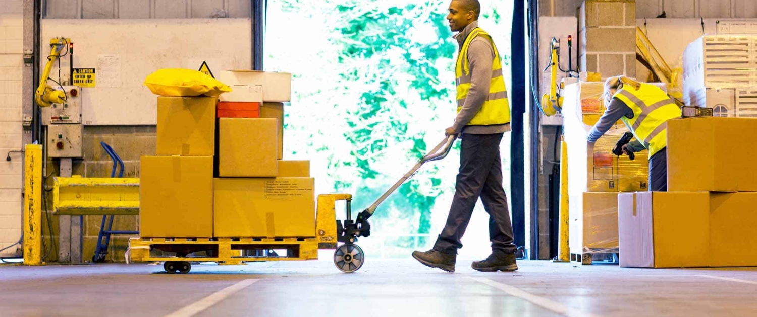 Worker Carting Boxes In Warehouse