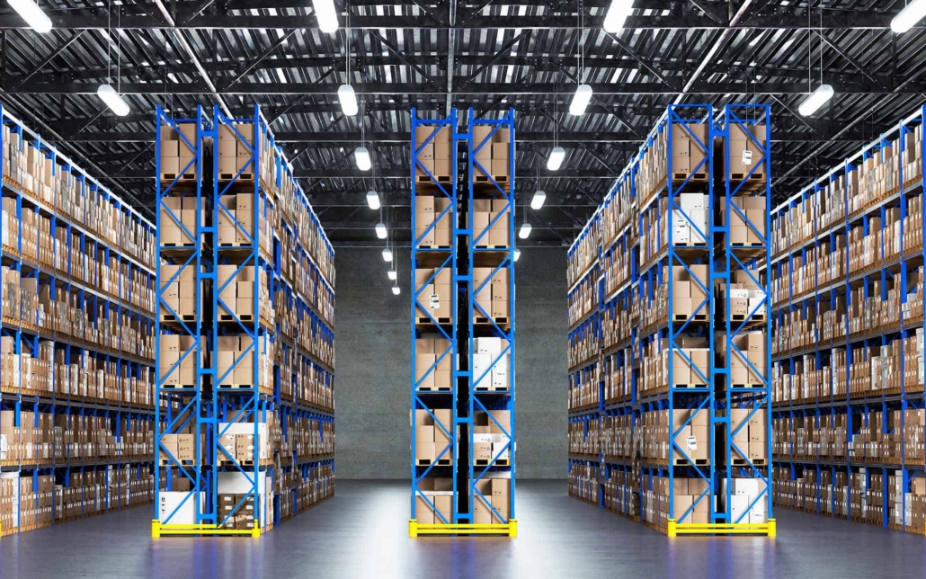 Warehouse Scene with Shelves and Cardboard Boxes_