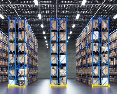Warehouse Scene with Shelves and Cardboard Boxes_